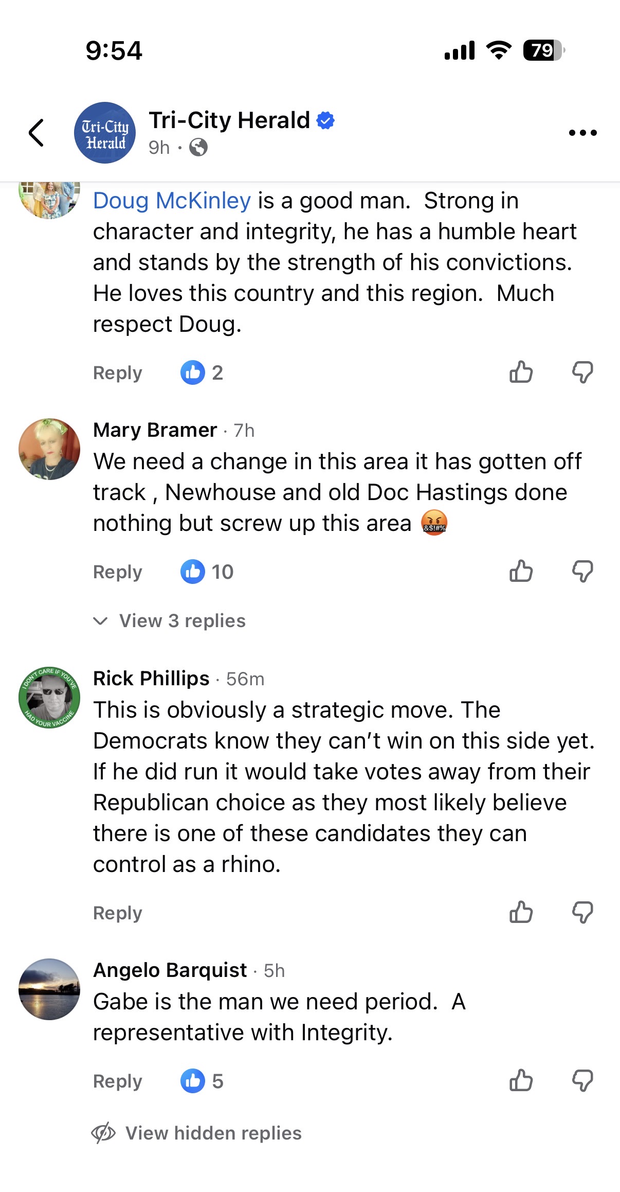 Facebook comments from voters on a Tri-City Herald article