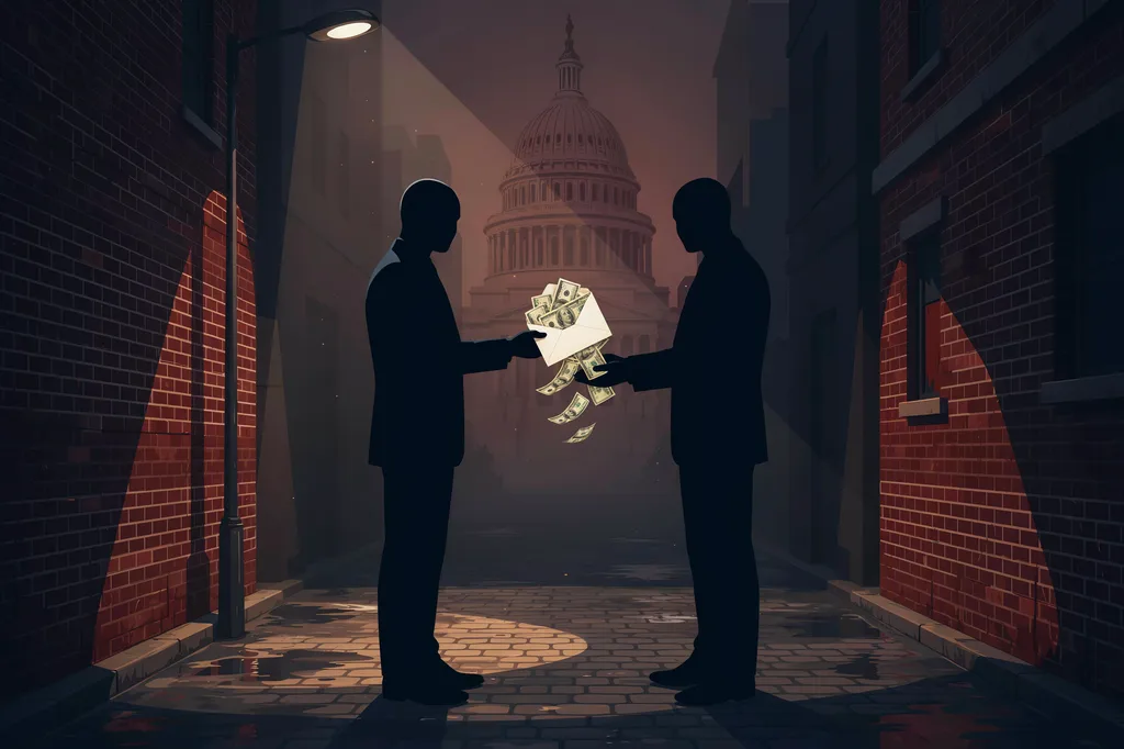 Illustration: a cash-filled envelope changing hands in the shadows near the Capitol