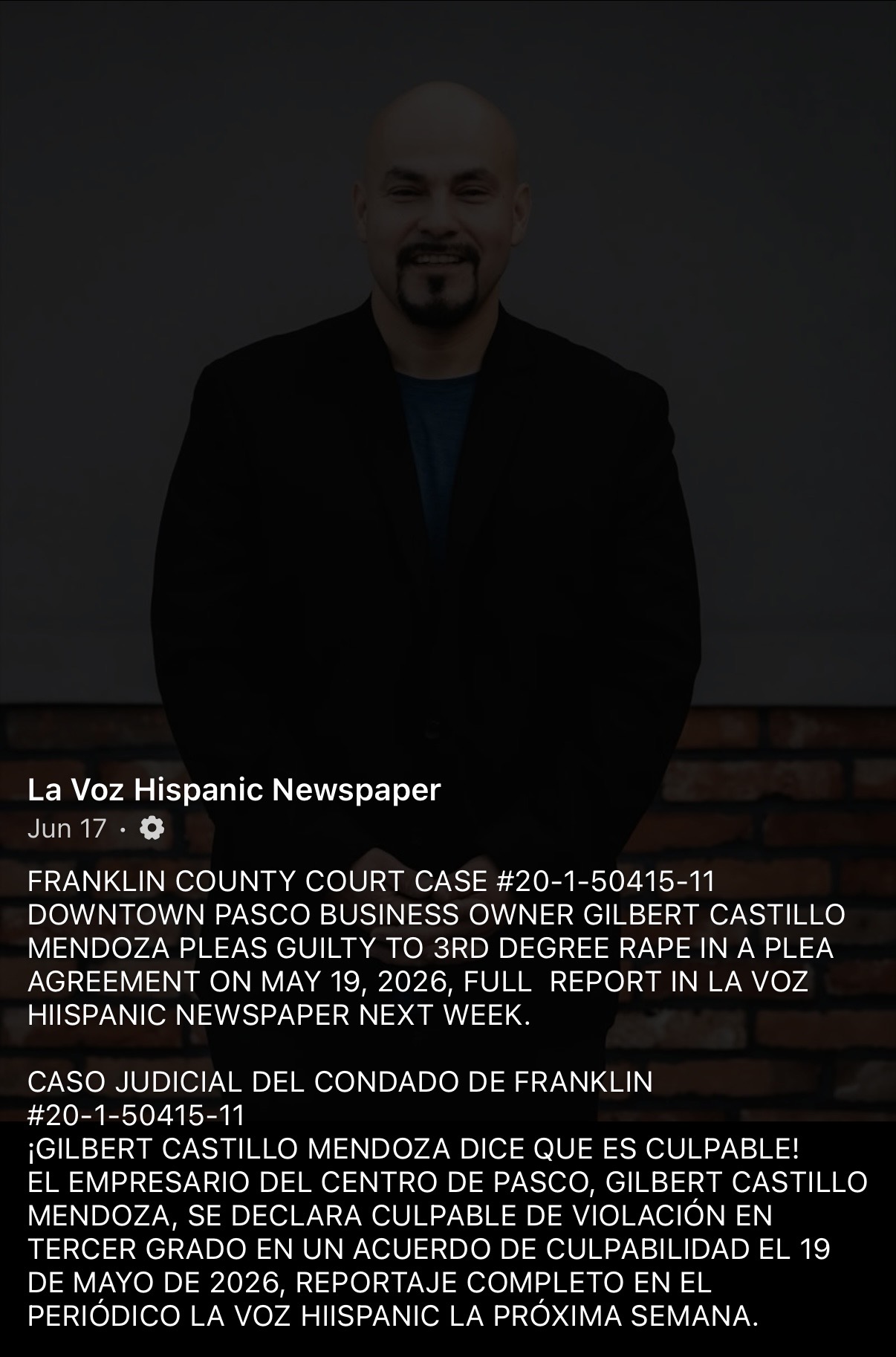 La Voz Hispanic Newspaper post reporting Mendoza guilty plea